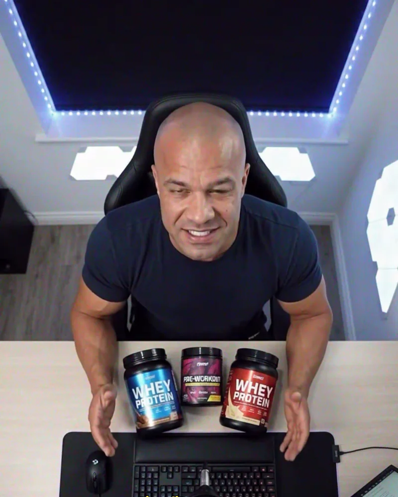 Synthetic creator presenting a fitness product in a studio